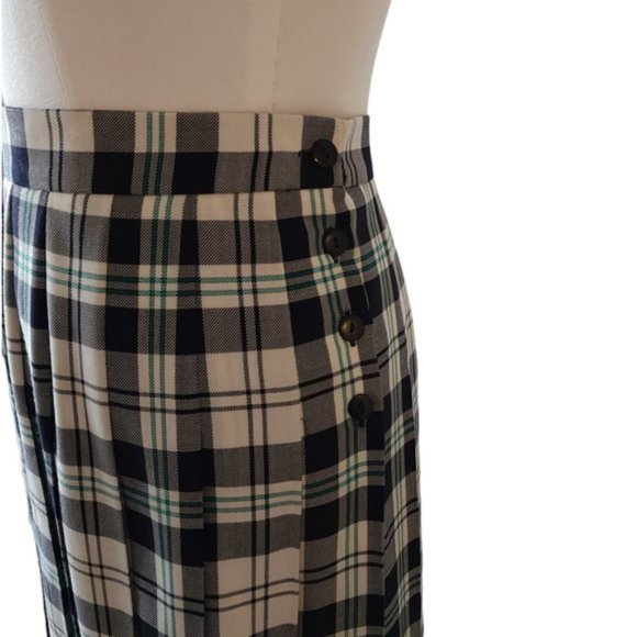Vintage Jaeger Plaid white and navy pleated wool midi skirt - Picture 2 of 12